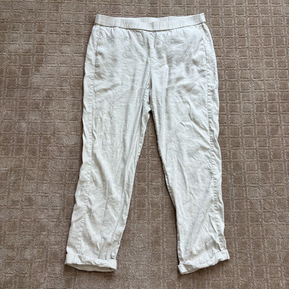 J. Jill Linen Pull On Pants Womens L Beige Stretch Roll Cuff Straight Leg Casual
